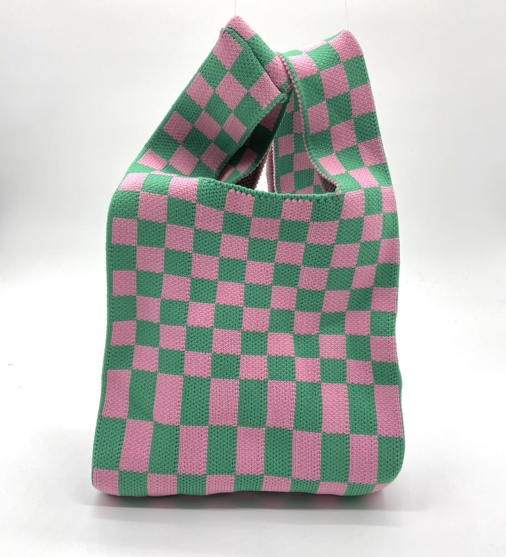 Check Knit Tote Bag in Green & Pink