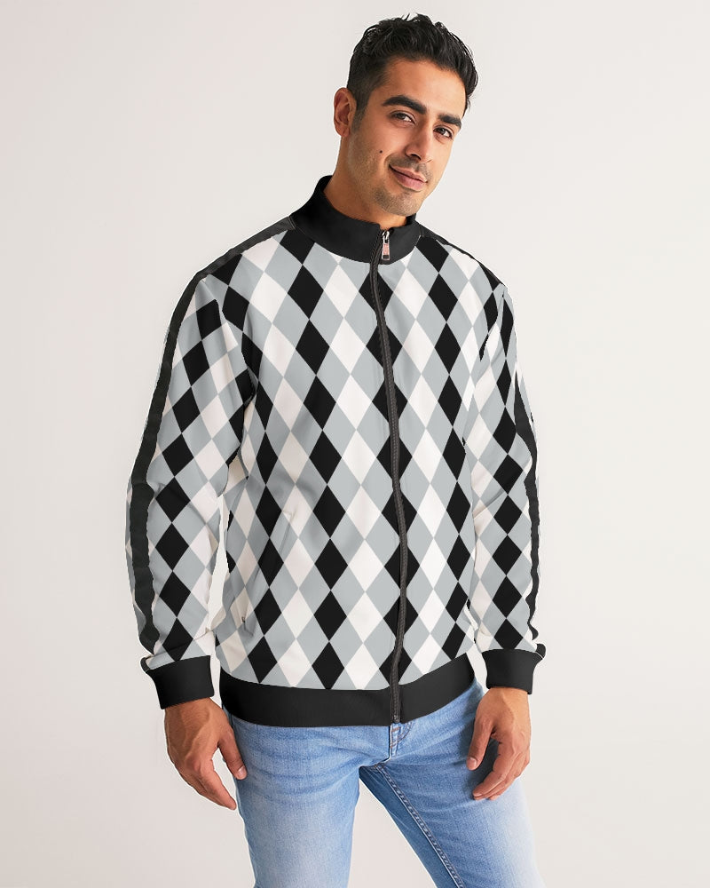 Harlequin Check Concrete Black and White Men's Stripe-Sleeve Track Jacket