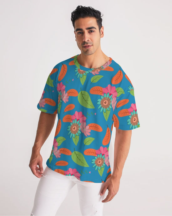 Tropical Flower Power Blue Men's Premium Oversized Tee
