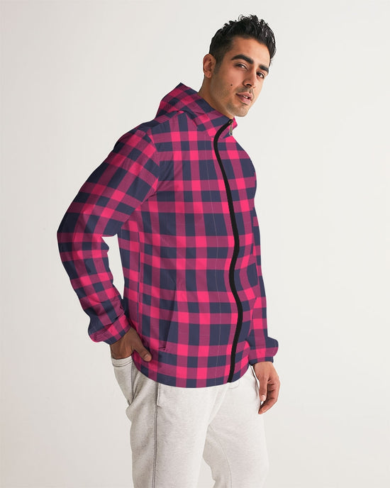 Red & Navy Tartan Men's Hooded Windbreaker Jacket