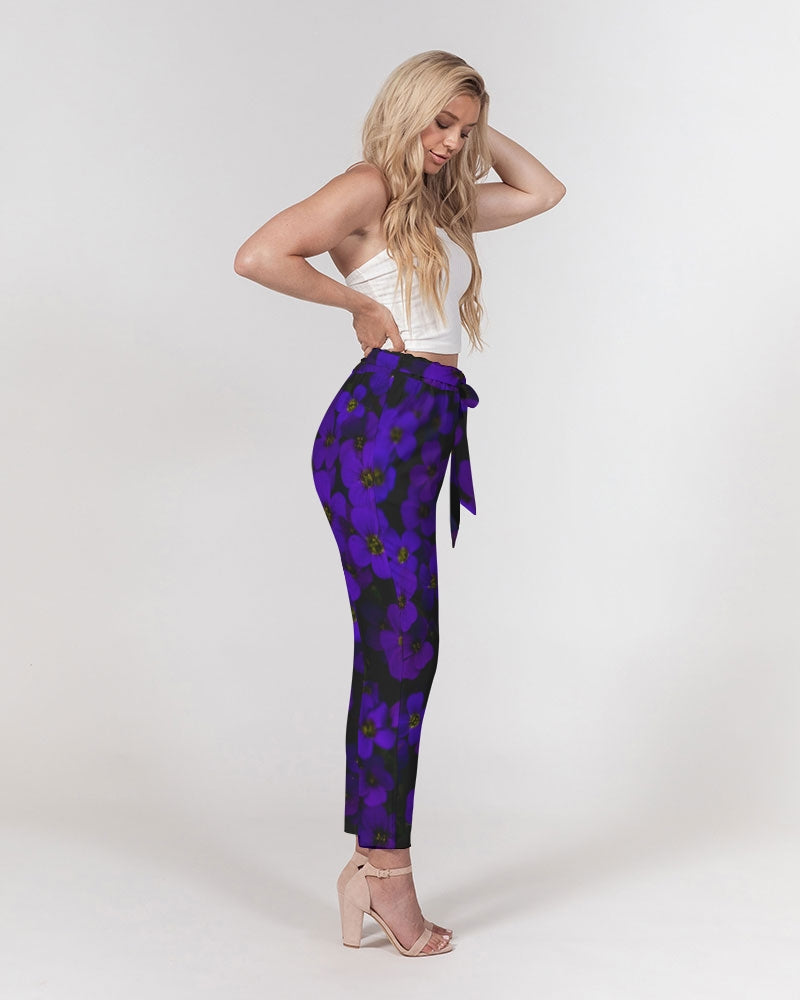 Midnight Purple Flowers Women's Belted Tapered Pants