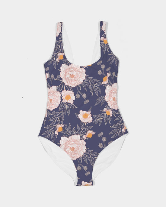 Orange Peonies Floral Orient Blue Women's One-Piece Swimsuit