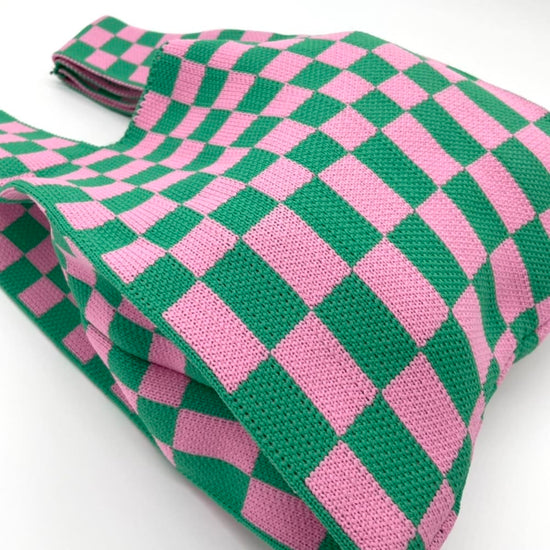 Check Knit Tote Bag in Green & Pink