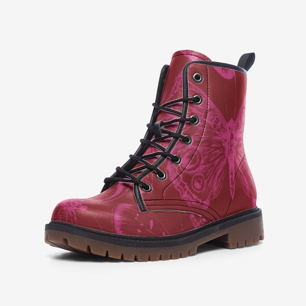 Red Fuchsia Butterflies Lace Up Boots