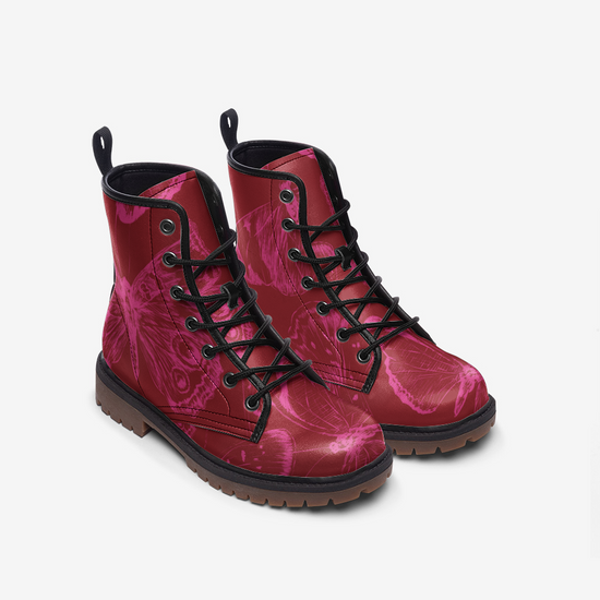 Red Fuchsia Butterflies Lace Up Boots