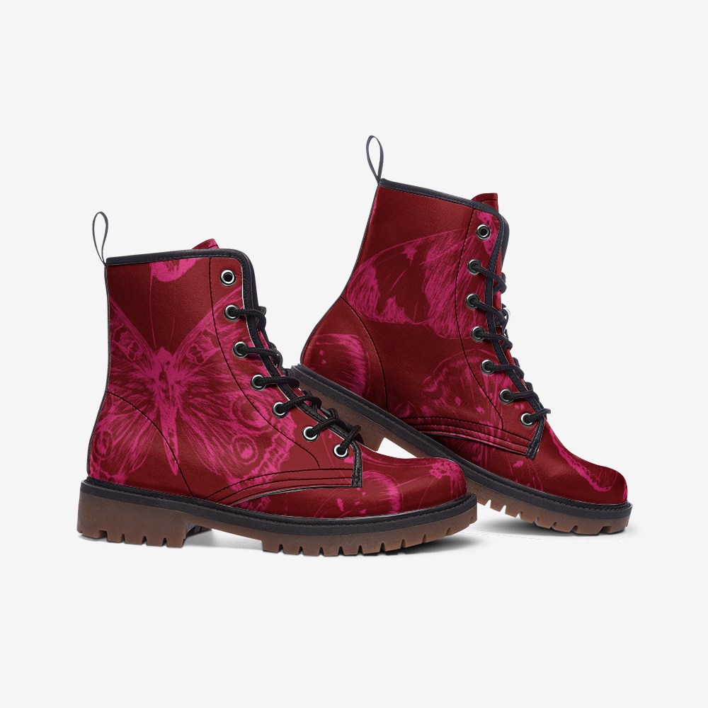Load image into Gallery viewer, Red Fuchsia Butterflies Lace Up Boots
