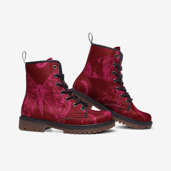 Red Fuchsia Butterflies Lace Up Boots