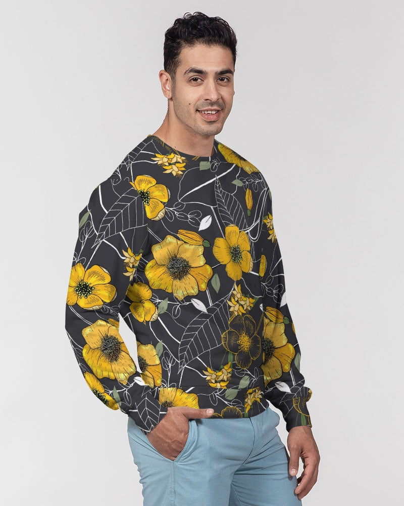 Load image into Gallery viewer, Yellow Flowers &amp;amp; Tropical Leaves Charcoal French Terry Crewneck Pullover Sweatshirt
