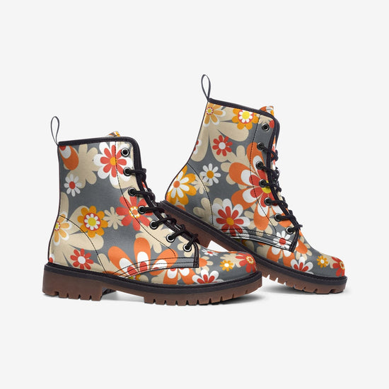 Load image into Gallery viewer, Orange &amp;amp; Gray Mod Floral Lace Up Boots
