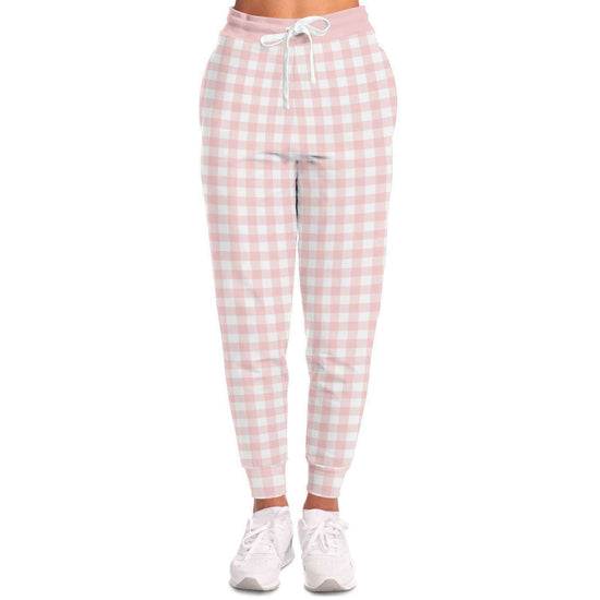 Pale Pink Gingham Check Unisex Fleece Joggers