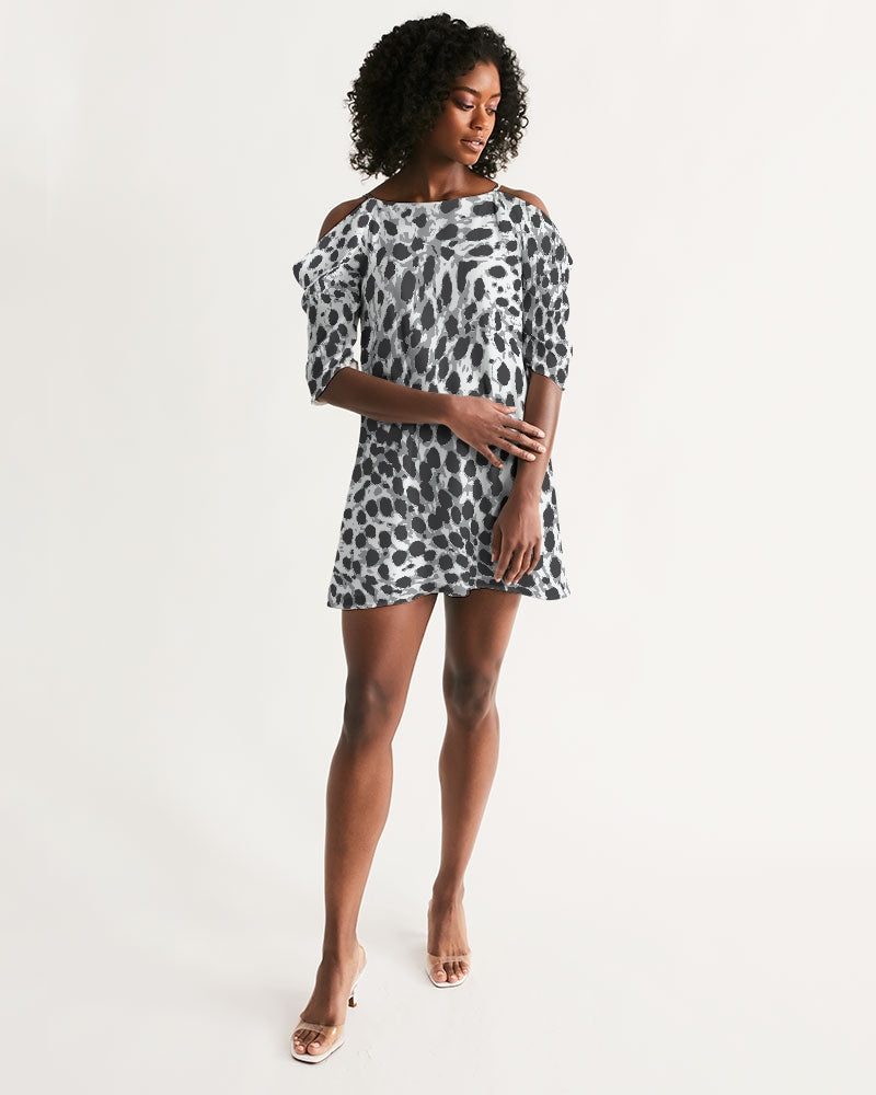 Load image into Gallery viewer, Black &amp;amp; White Leopard Women&amp;#39;s Open Shoulder A-Line Dress
