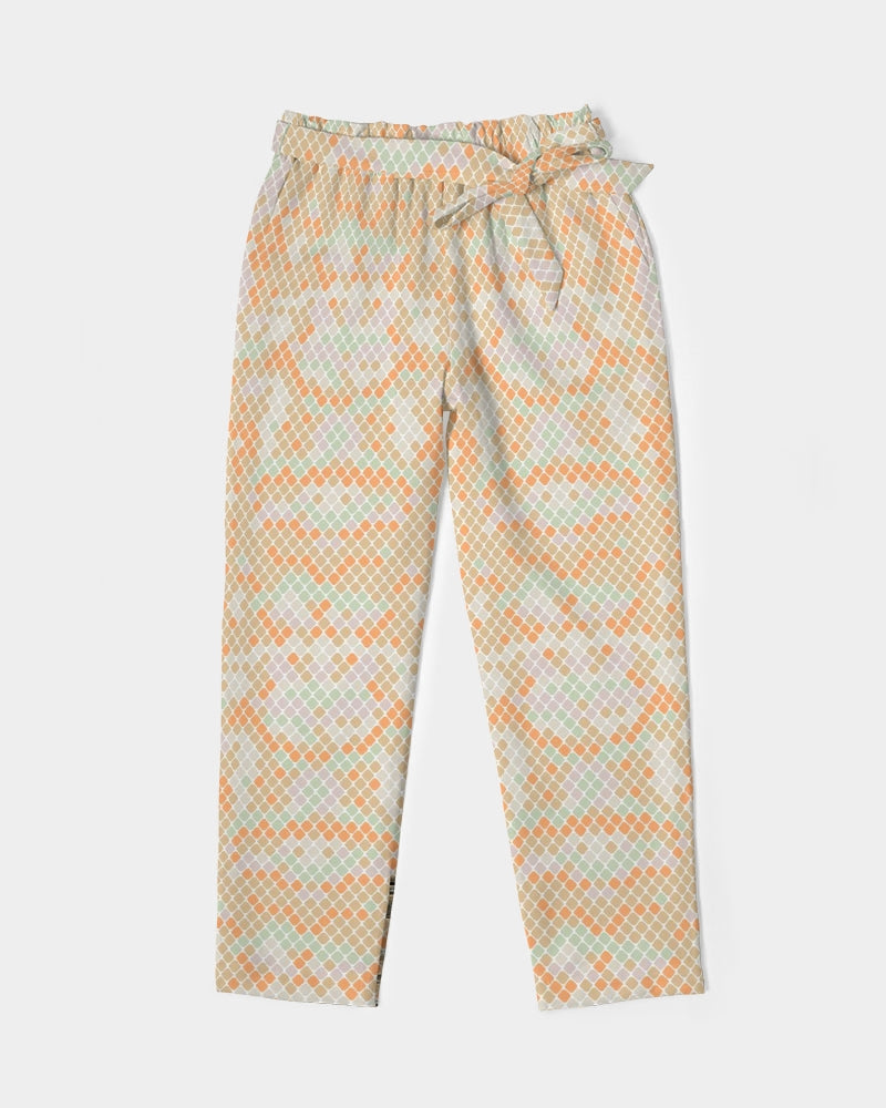 Green & Orange Snake Print Women's Belted Tapered Pants