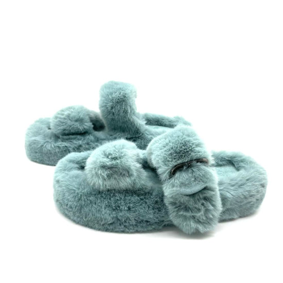 Fluffy Slippers with Buckle Strap in Blue