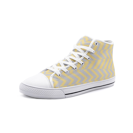Load image into Gallery viewer, Yellow &amp;amp; Gray Abstract Stripe Unisex High Top Canvas Shoes
