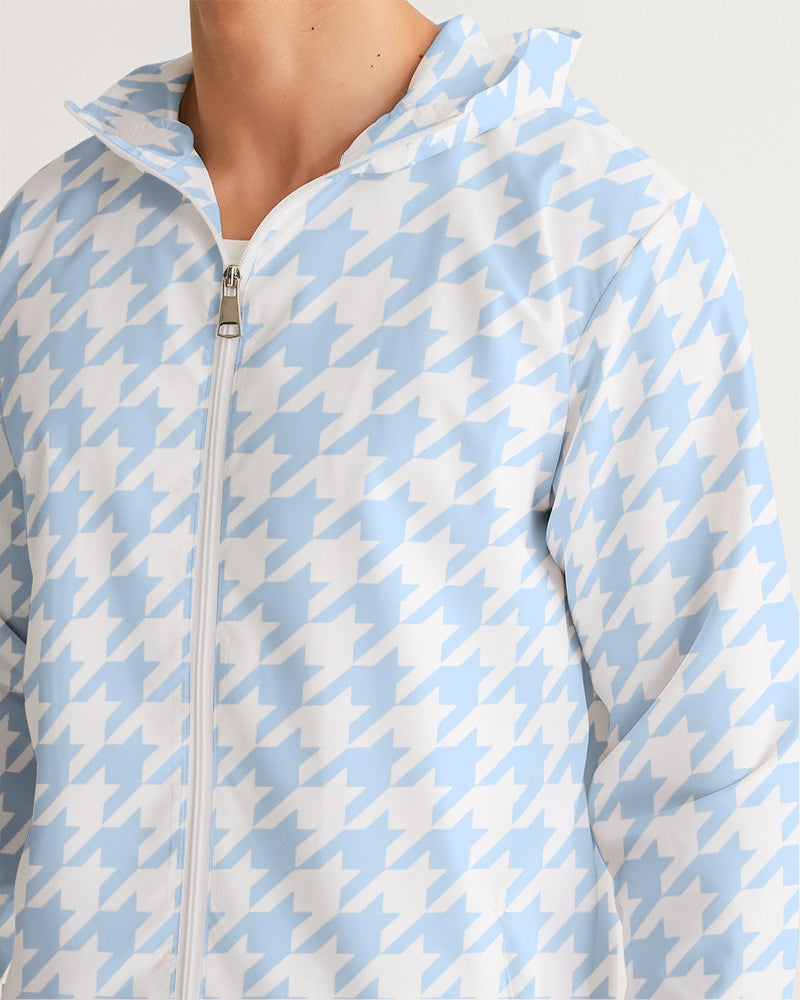 Baby Blue Large Houndstooth Men's Hooded Windbreaker Jacket