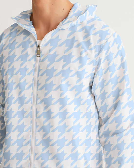 Baby Blue Large Houndstooth Men's Hooded Windbreaker Jacket