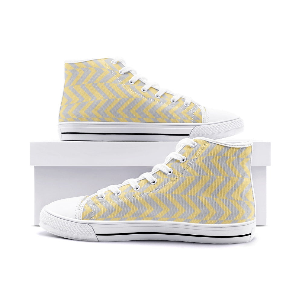 Load image into Gallery viewer, Yellow &amp;amp; Gray Abstract Stripe Unisex High Top Canvas Shoes
