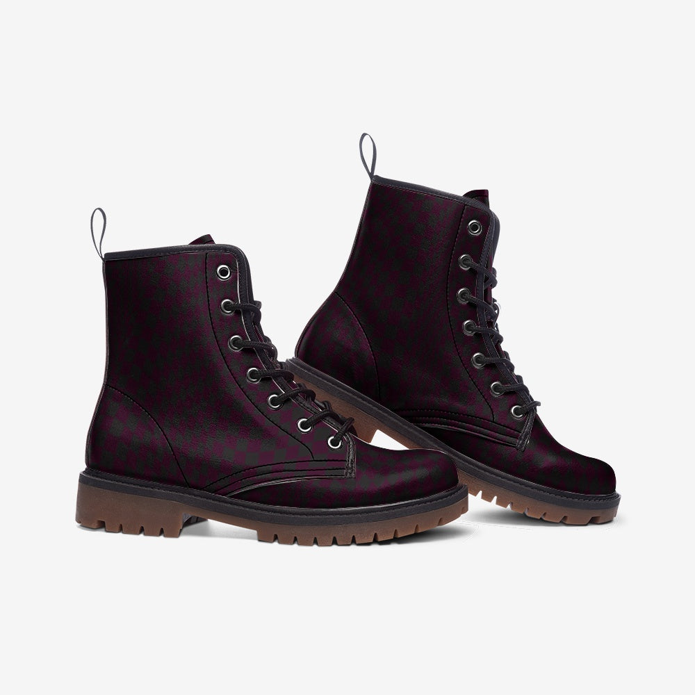 Red Wine Abstract Checkerboard Lace Up Boots