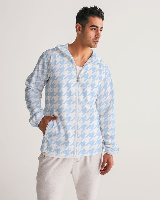 Baby Blue Large Houndstooth Men's Hooded Windbreaker Jacket