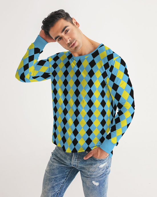 Blue & Yellow Harlequin Check Men's Long Sleeve Tee