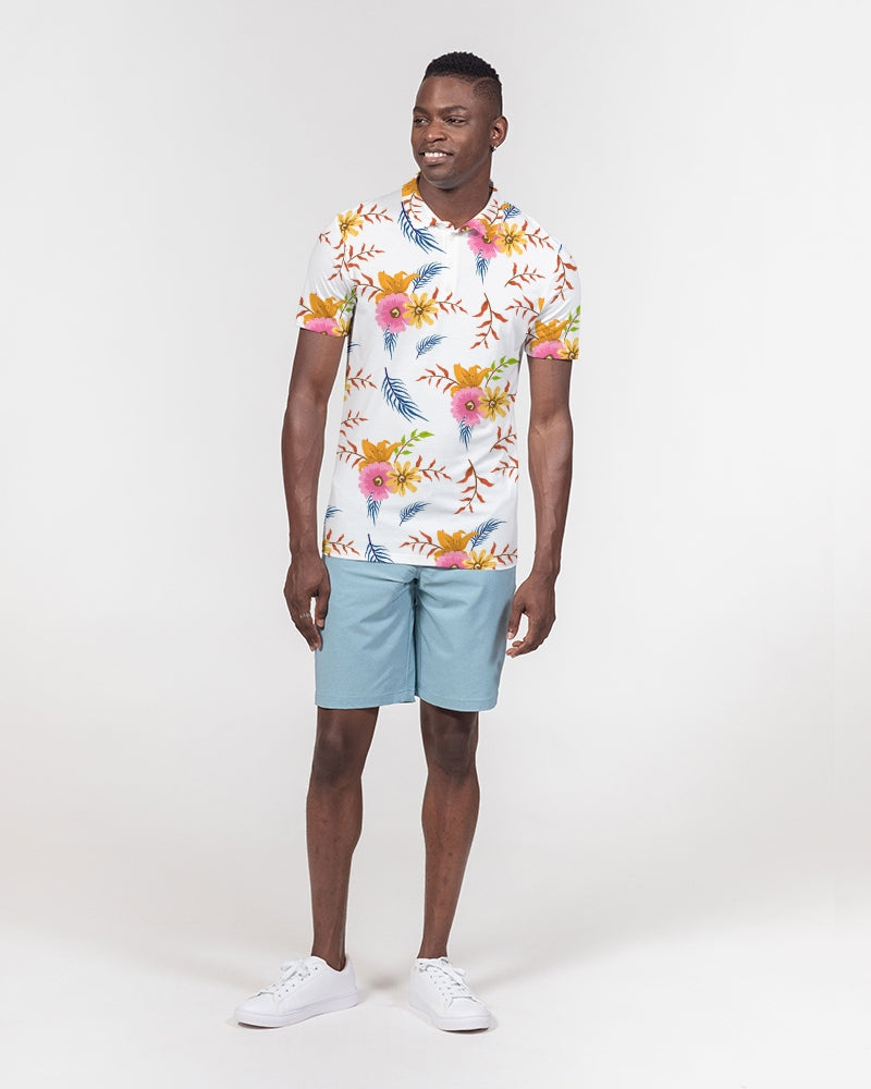 Load image into Gallery viewer, White Summer Floral Men&amp;#39;s Slim Fit Short Sleeve Polo
