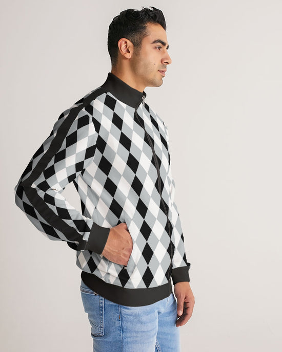 Harlequin Check Concrete Black and White Men's Stripe-Sleeve Track Jacket