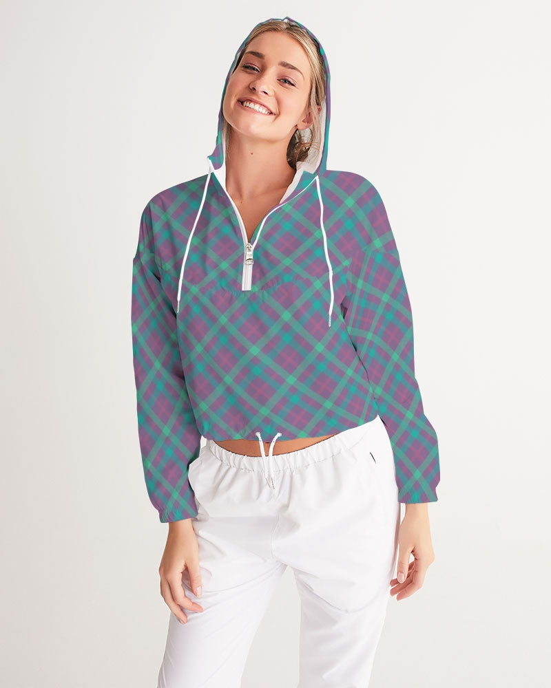 Purple & Green Tartan Women's Cropped Windbreaker Hooded Jacket