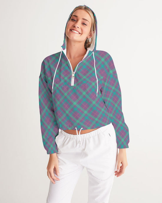 Purple & Green Tartan Women's Cropped Windbreaker Hooded Jacket