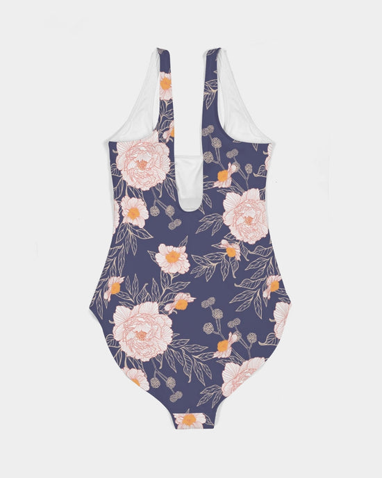 Orange Peonies Floral Orient Blue Women's One-Piece Swimsuit