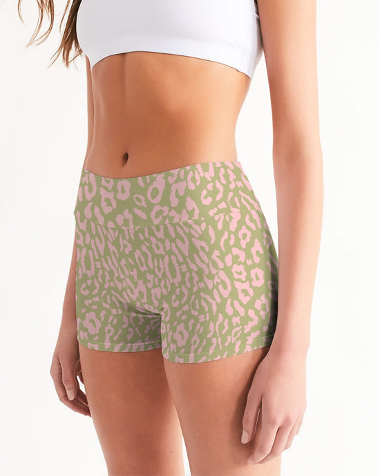Leopard in Pink & Olive Women's Mid-Rise Yoga Shorts