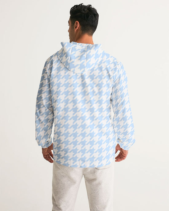 Baby Blue Large Houndstooth Men's Hooded Windbreaker Jacket