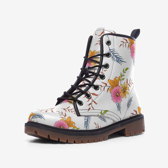 White Summer Floral Lace Up Boots