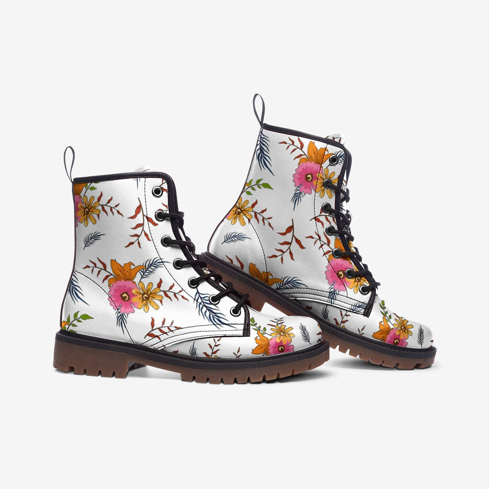 White Summer Floral Lace Up Boots