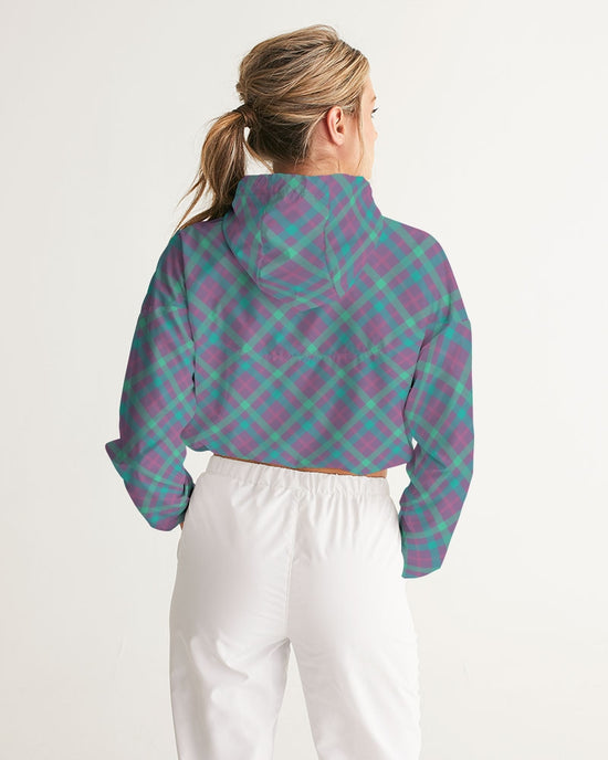 Purple & Green Tartan Women's Cropped Windbreaker Hooded Jacket