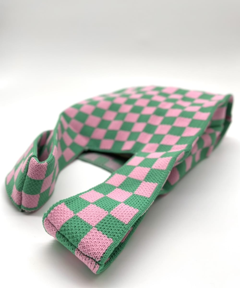 Check Knit Tote Bag in Green & Pink