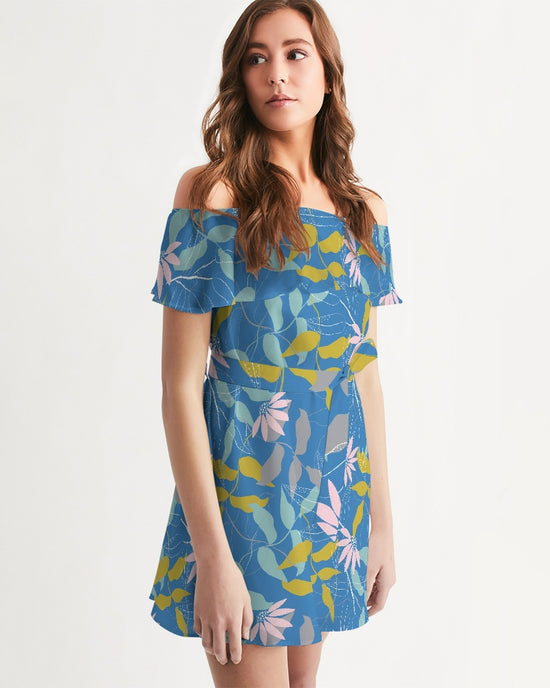 Parisian Blue Floral Women's Off-Shoulder Dress