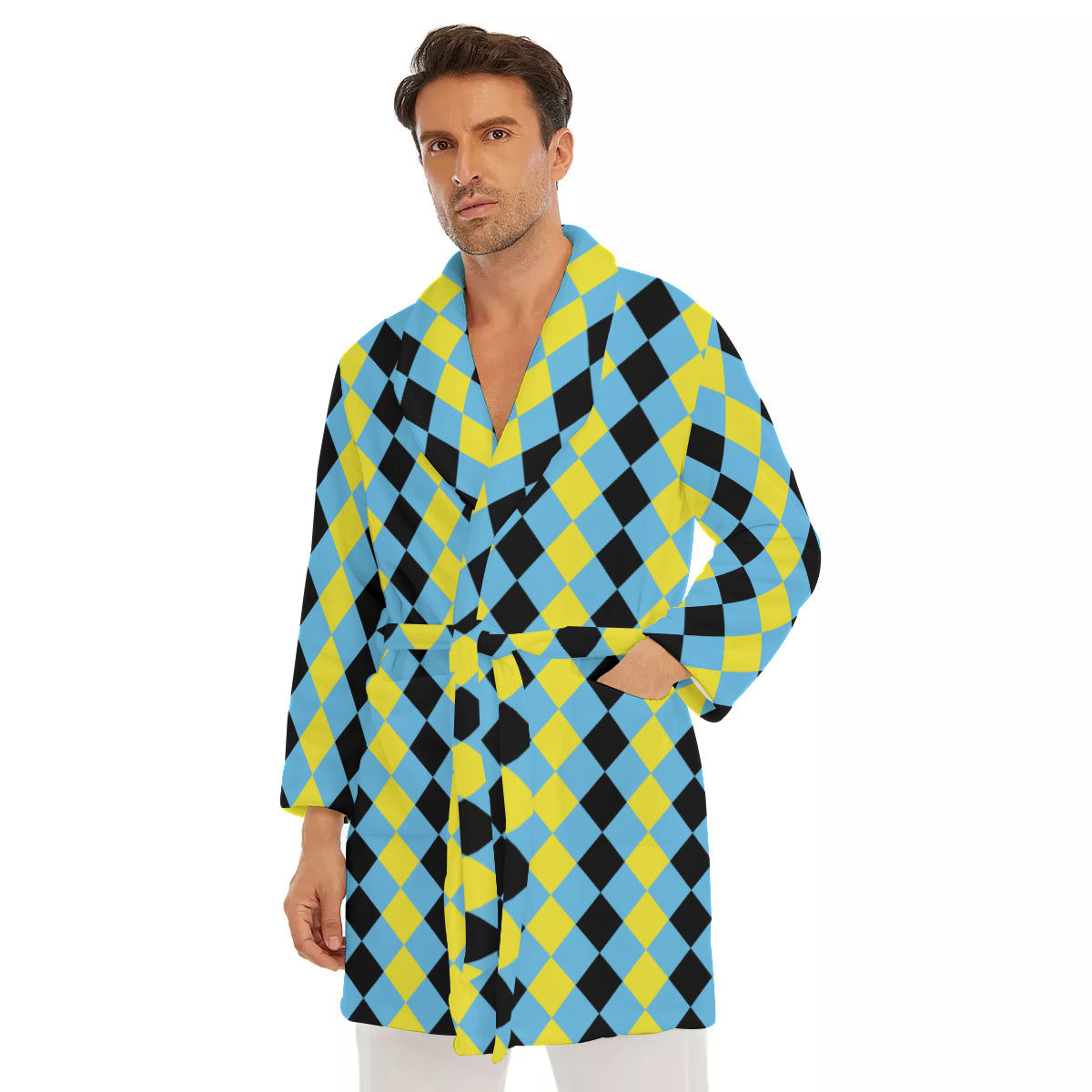Blue & Yellow Harlequin Check Men's Short Robe