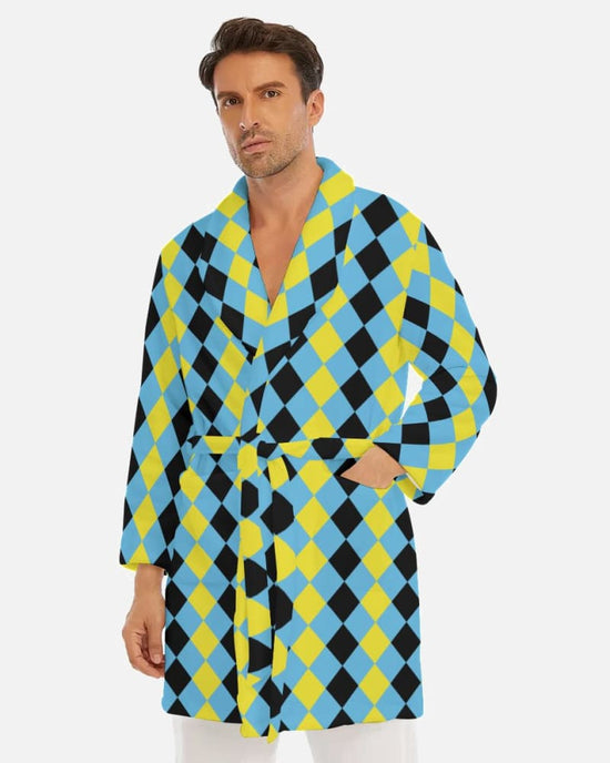Blue & Yellow Harlequin Check Men's Short Robe
