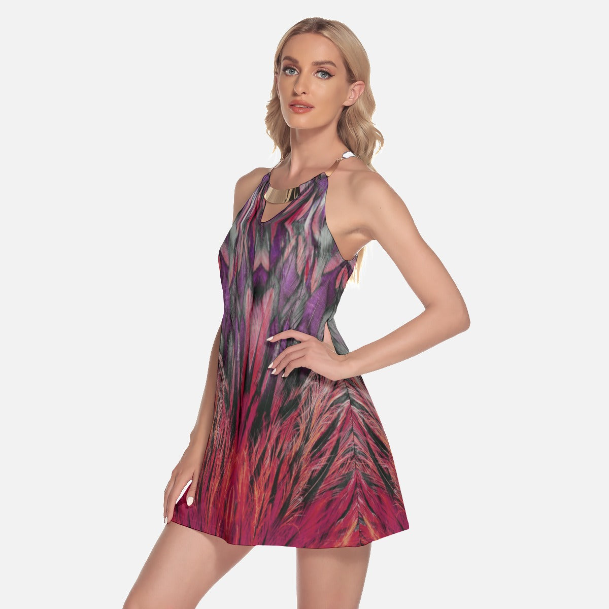 Load image into Gallery viewer, Red Raging Feathers Gold Ring Neck Halter Dress
