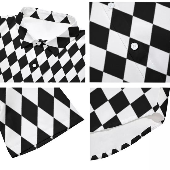 Black & White Harlequin Pattern Drop Shoulder Short Sleeve Shirt