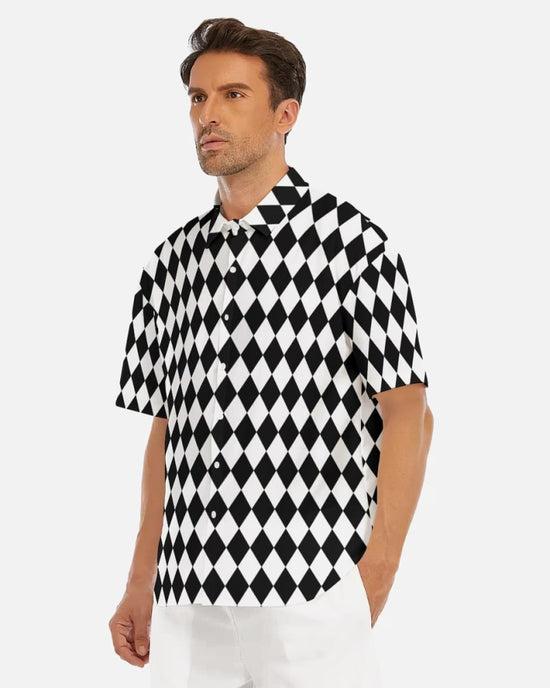 Black & White Harlequin Pattern Drop Shoulder Short Sleeve Shirt