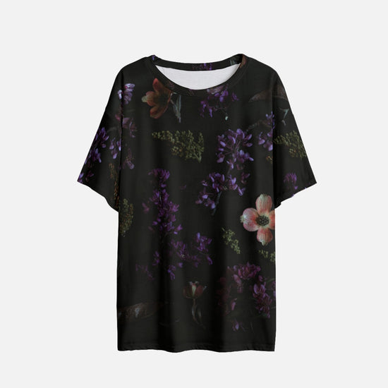 Black Floral Drop Shoulder Womens T-Shirt