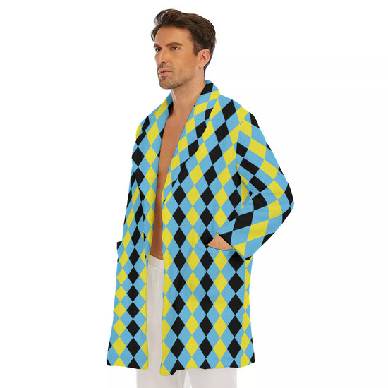 Blue & Yellow Harlequin Check Men's Short Robe