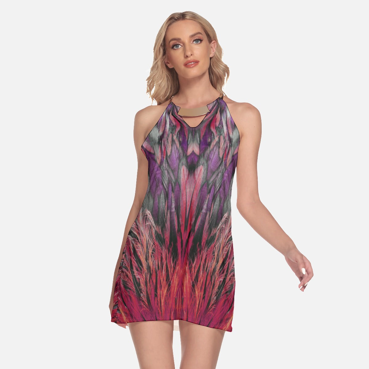 Load image into Gallery viewer, Red Raging Feathers Gold Ring Neck Halter Dress
