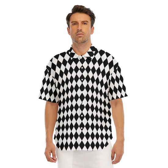 Black & White Harlequin Pattern Drop Shoulder Short Sleeve Shirt