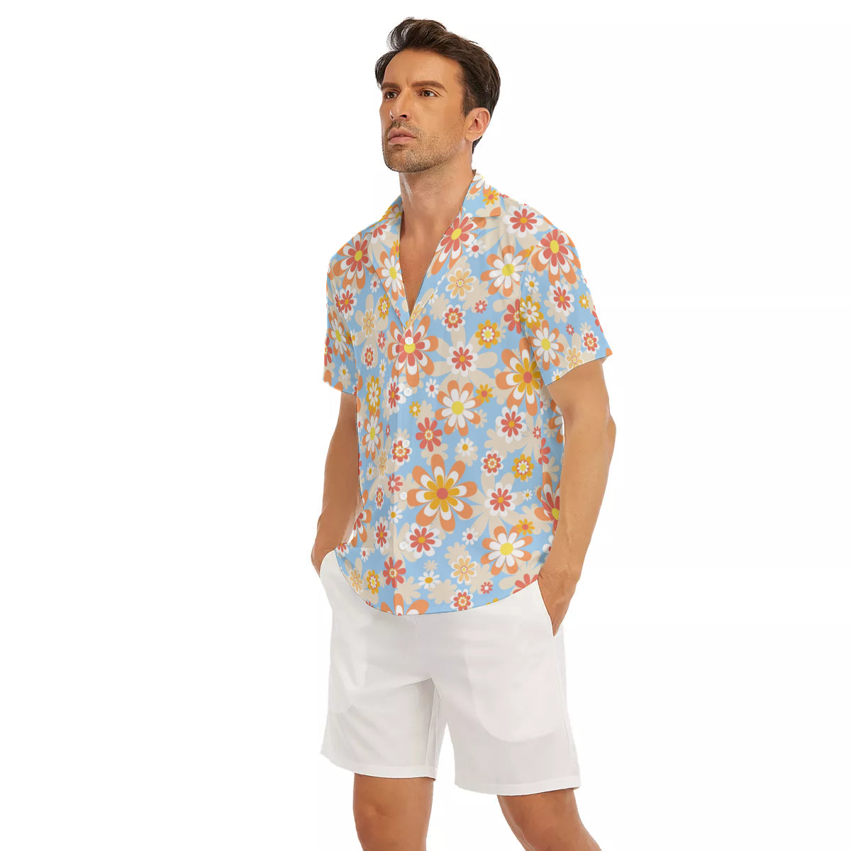 Blue Blooming Mod Floral V-Neck Short Sleeve Shirt