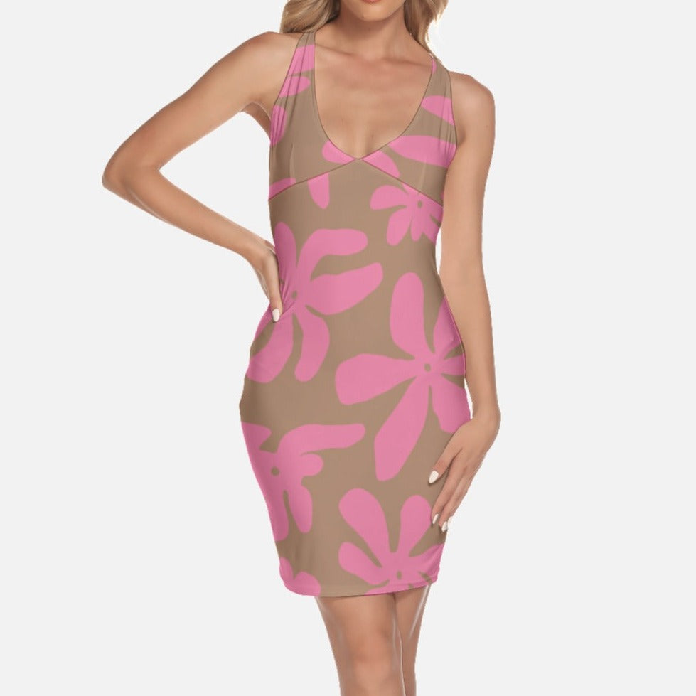 Deep Pink Abstract Flowers Cami Backless Halter Dress