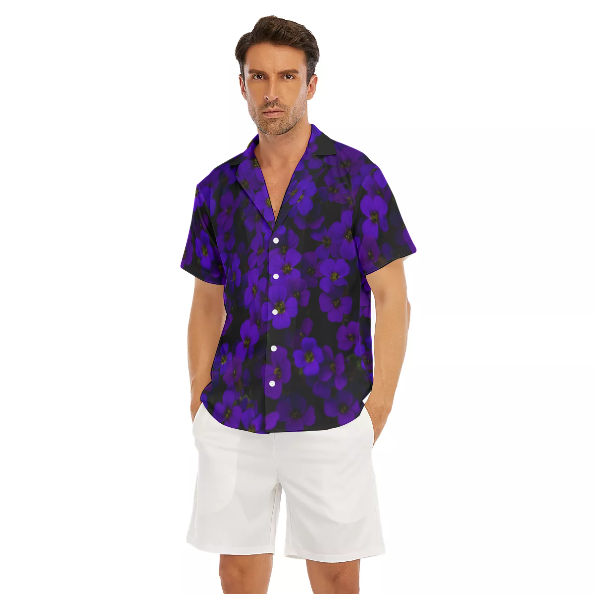 Midnight Purple Flower V-Neck Short Sleeve Shirt