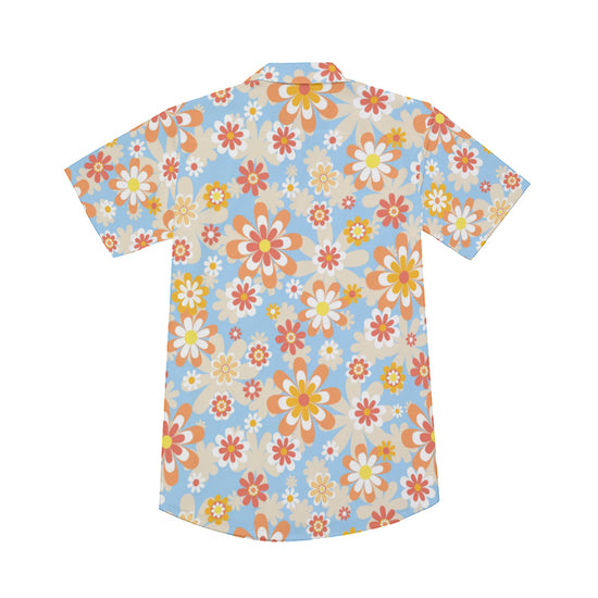 Blue Blooming Mod Floral V-Neck Short Sleeve Shirt
