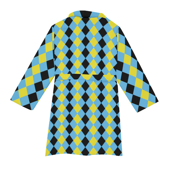 Blue & Yellow Harlequin Check Men's Short Robe